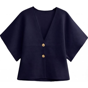 image:imageGRECERELLE Womens Summer Lightweight Short Sleeve Cardigans Open Front V Neck Casual Knit Button Down SweaterNavy Blue