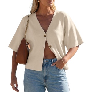 image:imageGRECERELLE Womens Summer Lightweight Short Sleeve Cardigans Open Front V Neck Casual Knit Button Down SweaterOatmeal