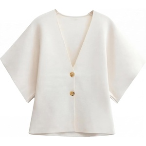 image:imageGRECERELLE Womens Summer Lightweight Short Sleeve Cardigans Open Front V Neck Casual Knit Button Down SweaterWhite
