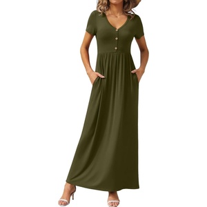 image:imageGRECERELLE Womens Summer Long Maxi Dresses 2026 Short Sleeve V Neck Casual Button Dress with PocketsAmry Green