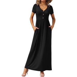 image:imageGRECERELLE Womens Summer Long Maxi Dresses 2026 Short Sleeve V Neck Casual Button Dress with PocketsBlack