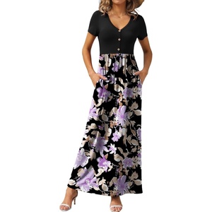 image:imageGRECERELLE Womens Summer Long Maxi Dresses 2026 Short Sleeve V Neck Casual Button Dress with PocketsBlack Purple Bloom