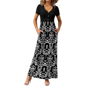 image:imageGRECERELLE Womens Summer Long Maxi Dresses 2026 Short Sleeve V Neck Casual Button Dress with PocketsBlack White