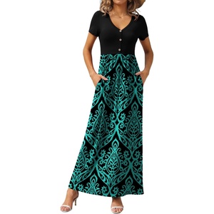 image:imageGRECERELLE Womens Summer Long Maxi Dresses 2026 Short Sleeve V Neck Casual Button Dress with PocketsBlue Green