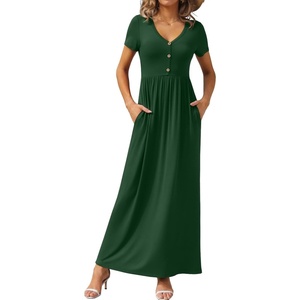 image:imageGRECERELLE Womens Summer Long Maxi Dresses 2026 Short Sleeve V Neck Casual Button Dress with PocketsDrak Green