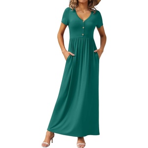 image:imageGRECERELLE Womens Summer Long Maxi Dresses 2026 Short Sleeve V Neck Casual Button Dress with PocketsEmerald Blue
