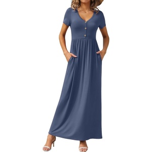 image:imageGRECERELLE Womens Summer Long Maxi Dresses 2026 Short Sleeve V Neck Casual Button Dress with PocketsGray Blue