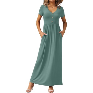 image:imageGRECERELLE Womens Summer Long Maxi Dresses 2026 Short Sleeve V Neck Casual Button Dress with PocketsHaze Blue