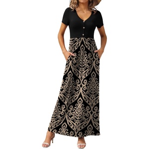 image:imageGRECERELLE Womens Summer Long Maxi Dresses 2026 Short Sleeve V Neck Casual Button Dress with PocketsKhaki