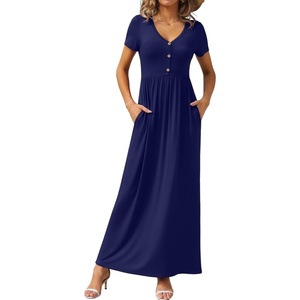 image:imageGRECERELLE Womens Summer Long Maxi Dresses 2026 Short Sleeve V Neck Casual Button Dress with PocketsNavy Blue