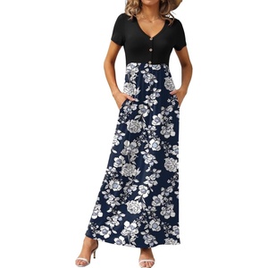 image:imageGRECERELLE Womens Summer Long Maxi Dresses 2026 Short Sleeve V Neck Casual Button Dress with PocketsNavy Blue Flower
