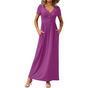 image:imageGRECERELLE Womens Summer Long Maxi Dresses 2026 Short Sleeve V Neck Casual Button Dress with PocketsRose Purple