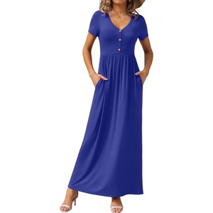image:imageGRECERELLE Womens Summer Long Maxi Dresses 2026 Short Sleeve V Neck Casual Button Dress with PocketsRoyal Blue