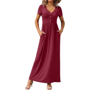 image:imageGRECERELLE Womens Summer Long Maxi Dresses 2026 Short Sleeve V Neck Casual Button Dress with PocketsWine Red
