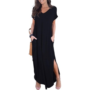image:imageGRECERELLE Womens Summer Maxi Dress Casual Loose V Neck Short Sleeve Side Split Long Dresses with Functional PocketsBlack