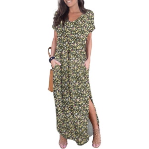 image:imageGRECERELLE Womens Summer Maxi Dress Casual Loose V Neck Short Sleeve Side Split Long Dresses with Functional PocketsBlack Yellow