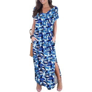 image:imageGRECERELLE Womens Summer Maxi Dress Casual Loose V Neck Short Sleeve Side Split Long Dresses with Functional PocketsBlue Ink White