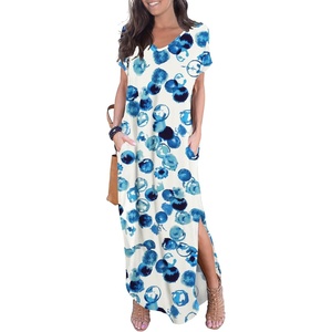 image:imageGRECERELLE Womens Summer Maxi Dress Casual Loose V Neck Short Sleeve Side Split Long Dresses with Functional PocketsBubble Blue