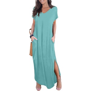 image:imageGRECERELLE Womens Summer Maxi Dress Casual Loose V Neck Short Sleeve Side Split Long Dresses with Functional PocketsCyan