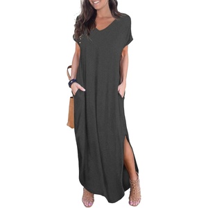 image:imageGRECERELLE Womens Summer Maxi Dress Casual Loose V Neck Short Sleeve Side Split Long Dresses with Functional PocketsDark Gray