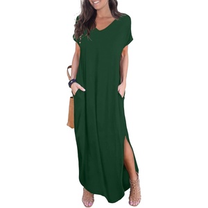 image:imageGRECERELLE Womens Summer Maxi Dress Casual Loose V Neck Short Sleeve Side Split Long Dresses with Functional PocketsDark Green