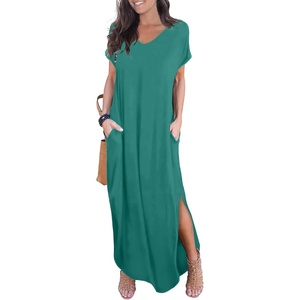 image:imageGRECERELLE Womens Summer Maxi Dress Casual Loose V Neck Short Sleeve Side Split Long Dresses with Functional PocketsEmerald Blue