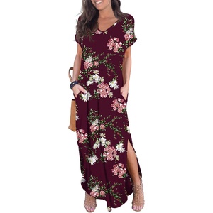 image:imageGRECERELLE Womens Summer Maxi Dress Casual Loose V Neck Short Sleeve Side Split Long Dresses with Functional PocketsFp Wine Red