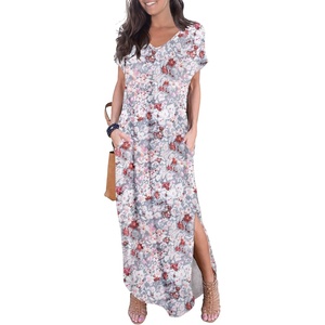 image:imageGRECERELLE Womens Summer Maxi Dress Casual Loose V Neck Short Sleeve Side Split Long Dresses with Functional PocketsGray Azalea