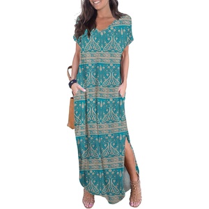image:imageGRECERELLE Womens Summer Maxi Dress Casual Loose V Neck Short Sleeve Side Split Long Dresses with Functional PocketsGreen Khaki