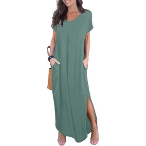 image:imageGRECERELLE Womens Summer Maxi Dress Casual Loose V Neck Short Sleeve Side Split Long Dresses with Functional PocketsHaze Blue