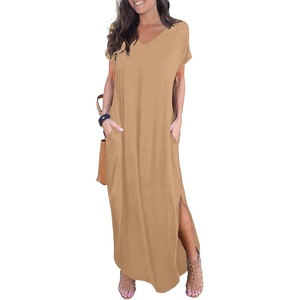 image:imageGRECERELLE Womens Summer Maxi Dress Casual Loose V Neck Short Sleeve Side Split Long Dresses with Functional PocketsKhaki