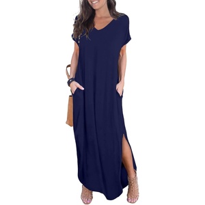 image:imageGRECERELLE Womens Summer Maxi Dress Casual Loose V Neck Short Sleeve Side Split Long Dresses with Functional PocketsNavy Blue