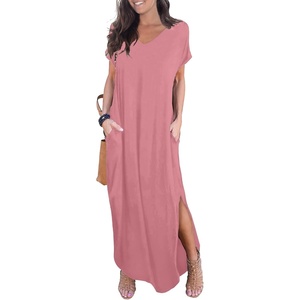 image:imageGRECERELLE Womens Summer Maxi Dress Casual Loose V Neck Short Sleeve Side Split Long Dresses with Functional PocketsPink