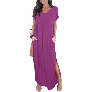 image:imageGRECERELLE Womens Summer Maxi Dress Casual Loose V Neck Short Sleeve Side Split Long Dresses with Functional PocketsRose Purple