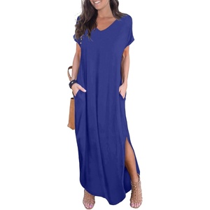 image:imageGRECERELLE Womens Summer Maxi Dress Casual Loose V Neck Short Sleeve Side Split Long Dresses with Functional PocketsRoyal Blue