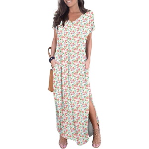 image:imageGRECERELLE Womens Summer Maxi Dress Casual Loose V Neck Short Sleeve Side Split Long Dresses with Functional PocketsWhite Pink Rose