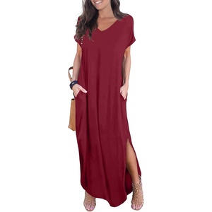 image:imageGRECERELLE Womens Summer Maxi Dress Casual Loose V Neck Short Sleeve Side Split Long Dresses with Functional PocketsWine Red