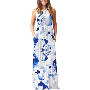 image:imageGRECERELLE Womens Summer Sleeveless Casual Long Tank Maxi Dress with Pockets XS3XLFloral White Ink Blue