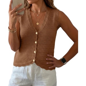 image:imageGRECERELLE Womens Summer Sleeveless V Neck Sweater Vest Knit Tank TopBrown