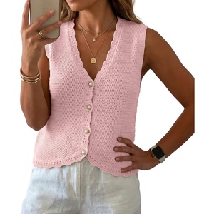 image:imageGRECERELLE Womens Summer Sleeveless V Neck Sweater Vest Knit Tank TopPink White