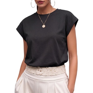 image:imageGRECERELLE Womens Summer Tops Cap Sleeve Crew Neck Basic TShirtAblack