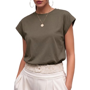 image:imageGRECERELLE Womens Summer Tops Cap Sleeve Crew Neck Basic TShirtArmy Green