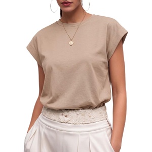 image:imageGRECERELLE Womens Summer Tops Cap Sleeve Crew Neck Basic TShirtCoffee Gray