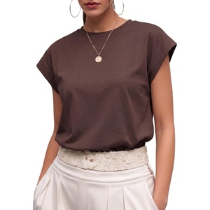 image:imageGRECERELLE Womens Summer Tops Cap Sleeve Crew Neck Basic TShirtDark Coffee