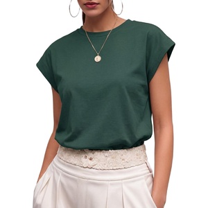 image:imageGRECERELLE Womens Summer Tops Cap Sleeve Crew Neck Basic TShirtDark Green
