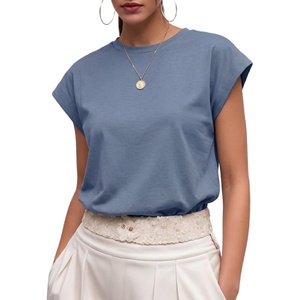 image:imageGRECERELLE Womens Summer Tops Cap Sleeve Crew Neck Basic TShirtDenim Blue