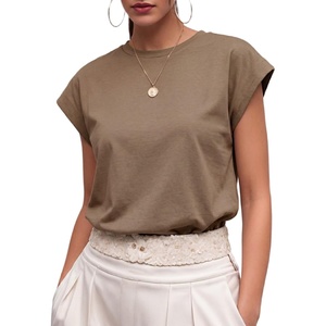 image:imageGRECERELLE Womens Summer Tops Cap Sleeve Crew Neck Basic TShirtLight Coffee