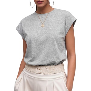 image:imageGRECERELLE Womens Summer Tops Cap Sleeve Crew Neck Basic TShirtLight Grey