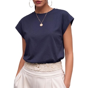 image:imageGRECERELLE Womens Summer Tops Cap Sleeve Crew Neck Basic TShirtNavy Blue