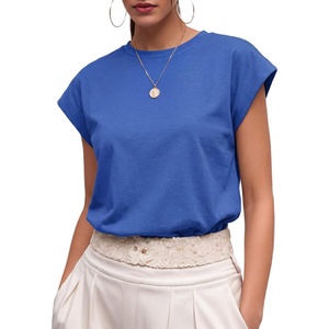 image:imageGRECERELLE Womens Summer Tops Cap Sleeve Crew Neck Basic TShirtRoyal Blue